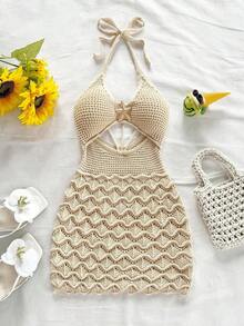Vestido ajustado con escote en V, tirantes finos, calado y decoración de estrella de mar metálica.Ideal para vacaciones, citas, té de la tarde, festivales de música, estilo bohemio, vacaciones en la playa, verano con tirantes finos y atar en la espalda. - Albaricoque - Ver 3