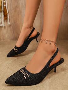 Tacones de aguja con punta afilada y correa de tobillo, con hebilla metálica y decoración de rhinestones, cómodos para la oficina, entrevistas, trayectos, sandalias de punta abierta versátiles para mujer - Negro - Ver 2