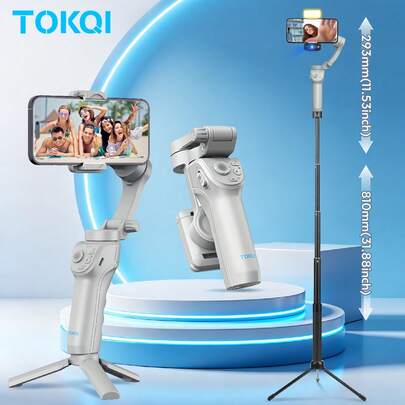 TOKQI Bộ ổn định gimbal cầm tay 3 trục dành cho điện thoại thông minh, giá đỡ điện thoại đa chức năng tích hợp AI theo dõi khuôn mặt và đèn chiếu sáng, gậy selfie ổn định có thể gập lại, chân máy chống rung để quay phim, vlog và quay video.