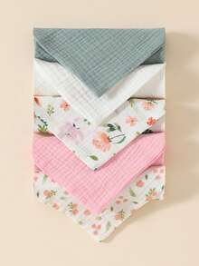 Bộ 5 chiếc yếm ăn cho bé bằng vải cotton mỏng in hình hoa và động vật hoạt hình, khăn ăn, khăn lau nước bọt. - Nhiều màu - Xem 8