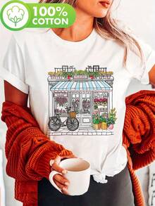 Camiseta de Mujer con Estampado Encdor de Tienda de Flores Francesa, Manga Corta y Cuello Redondo parrimavera y Verano, Diseño Floraibrante, Ropa Casual | Diseño de Boutique Encdora | Material No Transparente - Blanco - Ver 2