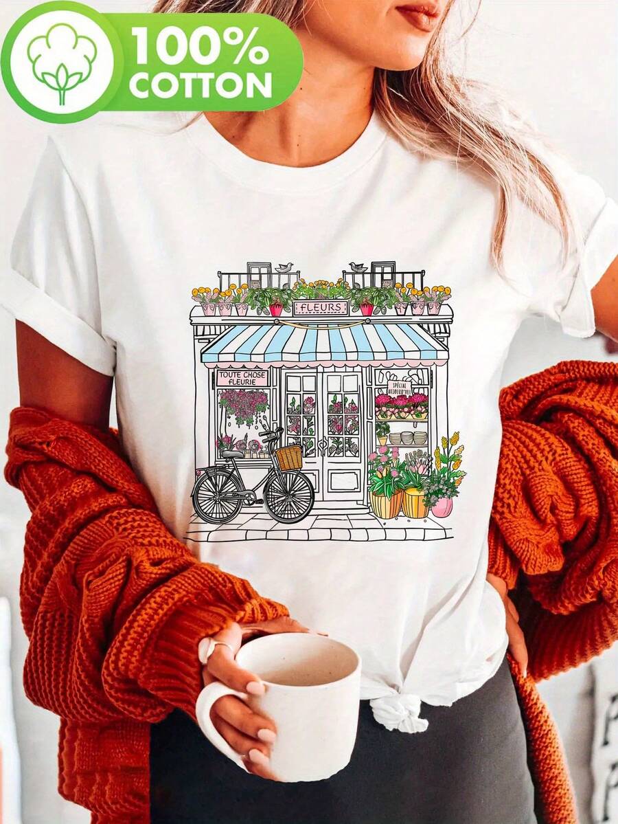 Camiseta de Mujer con Estampado Encdor de Tienda de Flores Francesa, Manga Corta y Cuello Redondo parrimavera y Verano, Diseño Floraibrante, Ropa Casual | Diseño de Boutique Encdora | Material No Transparente
