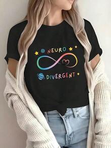 1 pieza Camiseta Casual de Manga Corta con Cuello Redondo para Mujeres - Impresión Gráfica Neurodivergente con Símbolo de Infinito Arcoíris y Estrellas, Ajuste Cómodo Micro Stretch, Esencial de Primavera/Verano, Lavable a Máquina, Camiseta Impresa Juguetona| Camiseta de tela suave, camisetas para damas 180g 100% algodón suave - Negro - Ver 6