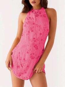 2026 Spring/Summer New European And American Elegant Women's Dress Series Orange Embroidered Halter Dress, Sleeveless Bodycon Party Dress Club & Evening KI6V - 玫紅色 - 查看 12