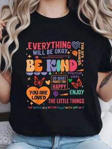 Camiseta 100% Algodón para la Concientización sobre la Salud Femenina, con Estampado 'Sé Amable, Eres Amada, Cuidado Personal', Cuello Redondo, Manga Corta, para Mujer, Casual, Verano, Camisetas Gráficas para Mujer, Estilo Vintage Urbano, Unisex, Holgada, de Algodón, Manga Corta, Cuello Redondo - Negro - Ver 1