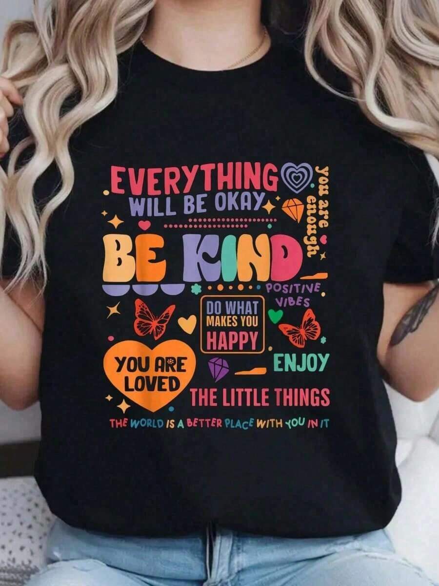 Camiseta 100% Algodón para la Concientización sobre la Salud Femenina, con Estampado 'Sé Amable, Eres Amada, Cuidado Personal', Cuello Redondo, Manga Corta, para Mujer, Casual, Verano, Camisetas Gráficas para Mujer, Estilo Vintage Urbano, Unisex, Holgada, de Algodón, Manga Corta, Cuello Redondo - Negro - Ver 1