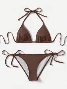 Women's Simple Solid Color Swim Bikini With A Halter Neck And Cutout, Suitable For Beach Vacations And Summer. - Whole Grain Coffee - View 1