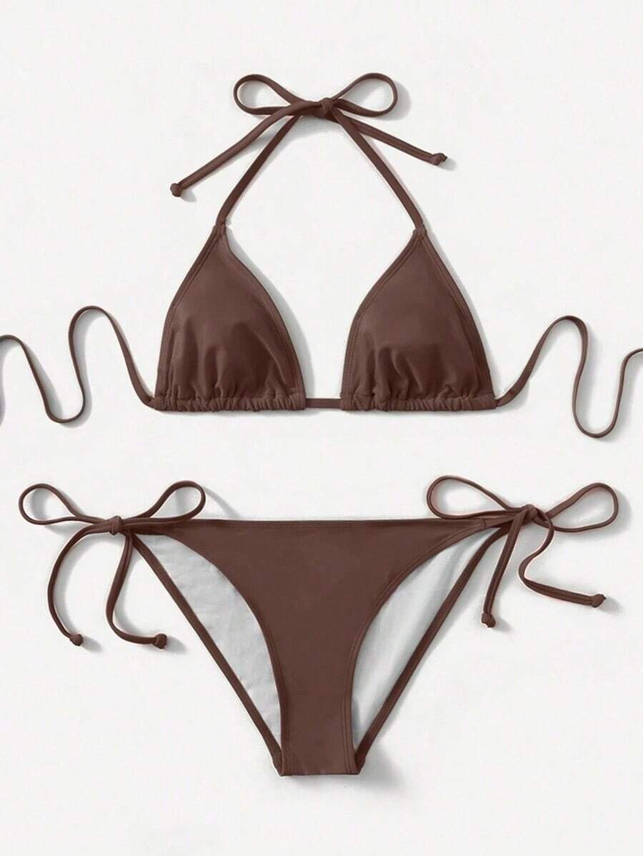Women's Simple Solid Color Swim Bikini With A Halter Neck And Cutout, Suitable For Beach Vacations And Summer. - Whole Grain Coffee - View 1