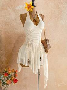 MEXSoleia Nuevo vestido mini con cuello en V profundo, cintura con lazo, cuentas de madera y bajo asimétrico, adecuado para fiesta, cita, discoteca, estilo bohemio, vacaciones, ropa de mujer de otoño, vintage, días festivosMEX 0DZY - Blanco - Ver 4