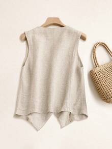 Women's Casual Linen Vest Jacket, Short Style For Spring & Summer Holiday - Grey - View 2