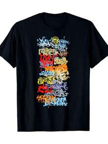 Camiseta de Hombre con Estampado Geométrico Abstracto - 100% Algodón de Alto Gramaje, Corte Holgado, Cuello Redondo,  Actual, Comodidad para Todas las Temporadas, Lavable a Máquina, Graffiti Urbano - Negro - Ver 2