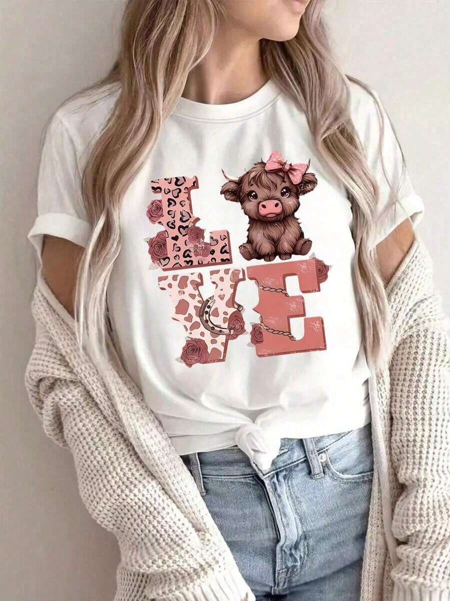 1 Piece. Designed With A Cute Highland Cow Heart Pattern, This Women's Casual Crew Neck T-Shirt In Pure Cotton Is Machine Washable, Has A Design, And Is Suitable For Holidays And Days Off. It's A Must-Have For Holiday Gifts And Is Suitable For All Seasons. 180g 100% Cotton. - 白色 - 查看 1