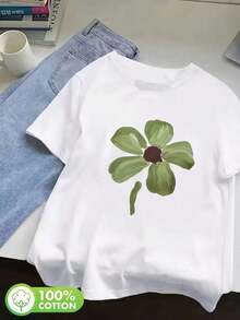 1 pieza de camiseta de mujer con estampado estándar, blanca, 100% algodón, ropa de verano, camiseta casual de algodón puro, 180g 100% algodón, los estampados están completamente impresos. Unisexo. - Blanco - Ver 1