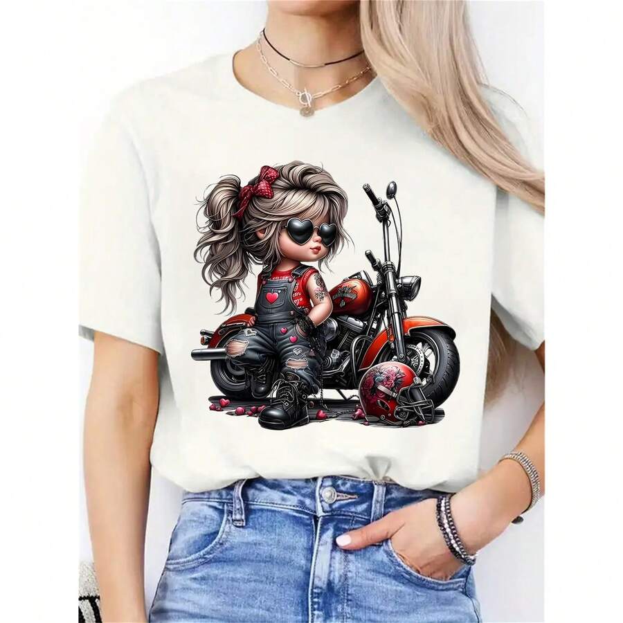 Black Short-Sleeved T-Shirt With Motorcycle Print And Heart Details, Elasticated Round Neck, Casual And Festive Style For Women - Bold Cartoon Design - 白色 - 查看 1