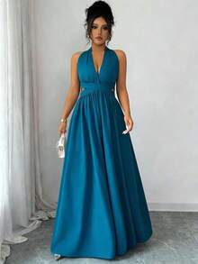 Elegante vestido sin mangas con cuello en V, diseño hueco en la cintura y pliegues, color morado, nueva llegada de primavera/verano - Agua verde azul - Ver 5