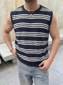 男士休闲针织背心，黑白条纹，夏季轻薄无袖针织衫 - 黑與白 - 查看 1