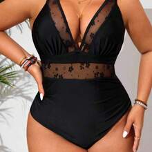 Swim Chicsea Plus Size One Piece Swimsuit With Mesh Panel And Ruched Tummy For Women, Casual Vacation For Summer - Verde Oscuro - Ver 5