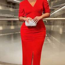 Cravure Plus Size V-Neck Short Sleeve Ruched Fitted Charming & Elegant Split Hem Dress For New Year Clothes Maxi Women Outfit Prom - Azul Marino - Ver 6