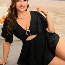 Swim Lushoire Plus Size Women's Solid Color 2 Pieces Swimwear With Removable Pads, Elegant Metal Hardware Detail, Hollow Armband Ruffled Sleeve, High Waisted Triangle Bottom, Casual Resort Style Beachwear For Summer Beach Vacation - Azul Marino - Ver 5