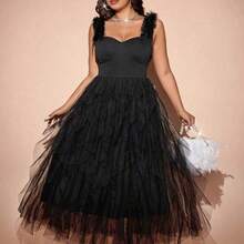 Cravure Plus Size Solid Color Elegant Sleeveless Party Dress With Mesh Splice Maxi Women Outfit - Burdeos - Ver 4