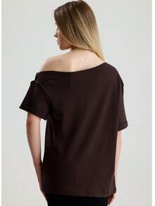 RoseArya Cotton Boat Neck Buckle Detail T-Shirt - Brown - View 4