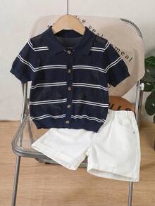 Boys' Casual Striped Hollow Collar POLO Shirt, Short Sleeve Thin Knit Cardigan Sweater, Suitable For School Daily Wear In Summer And Autumn - Navy Blue - View 4