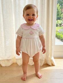 Baby Short Sleeve Romper Embroidered Plaid Doll Collar Summer Bubble Bodysuit For Girls Boys - 粉色 - 查看 1