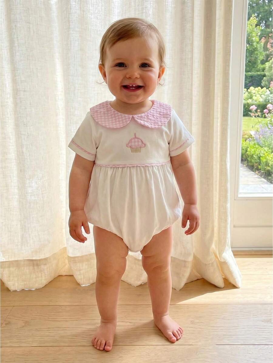 Baby Short Sleeve Romper Embroidered Plaid Doll Collar Summer Bubble Bodysuit For Girls Boys - 粉色 - 查看 1