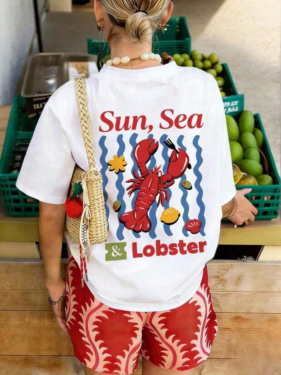 1 pieza Camiseta de manga corta casual con estampado de langosta para mujer, ropa urbana para estudiantes jóvenes, top de verano informal en blanco,Camisetas Gráficas de Verano para Mujer - Blanco - Ver 1