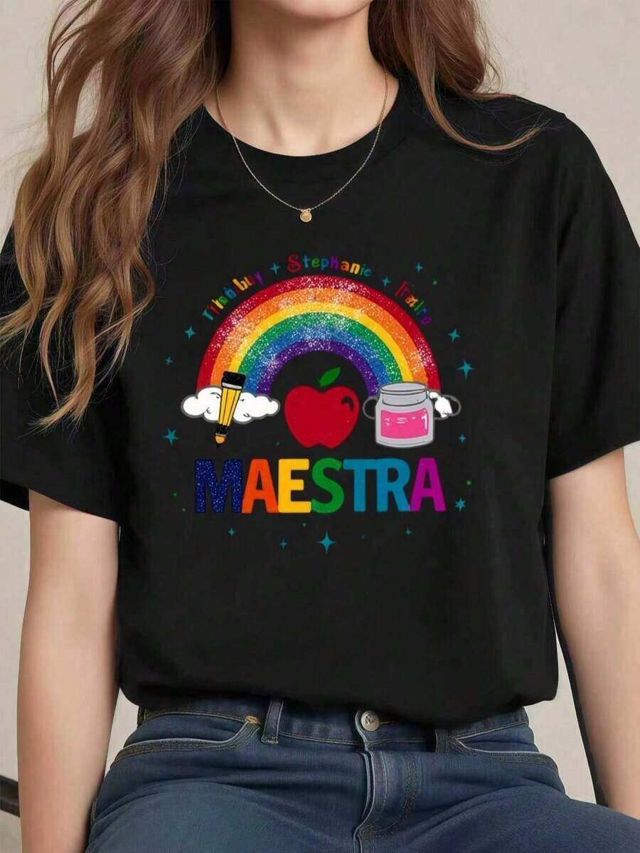 NewSummerCasual Women's Rainbow Teacher Style T-Shirt, Soft Cotton, Loose Fit, Breathable, Urban Hip-Hop Style, With Eye-Catching Print.-Vintage Street Style Unisex Loose Cotton Short Sleeve Crew Neck T-Shirt - 黑色 - 查看 1