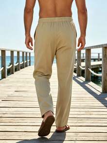 Mercer Haus Men's Solid Color Linen Drawstring Casual Straight Leg Pants, Minimalist Fashion Beach Trousers - Khaki - View 6