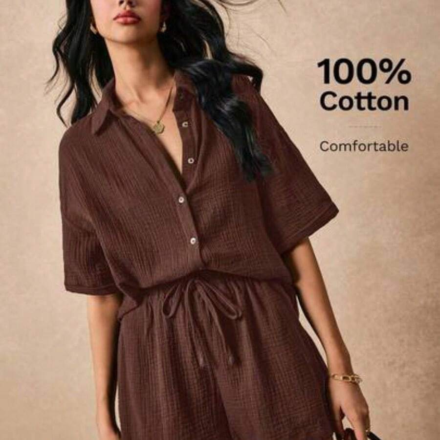 Conjunto De Dos Piezas De Verano Para Mujer, Conjunto De Playa De Dos Piezas, Tela De Texturizado, Raglan Con Puños, Shorts Con Bolsillos Laterales, Adecuado Para Vacaciones, Camisa Suelta Relajada - Café integral - Ver 1