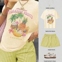 Set de 2 piezas de conjunto casual de verano para mujer con camiseta estampado de limón y shorts a rayas - Caqui - Ver 7