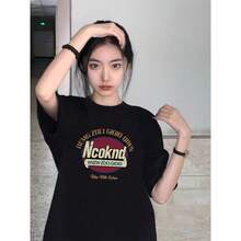 Camiseta de manga corta de algodón puro para mujer de talla grande, diseño de verano, estilo coreano y americano de nicho, corte holgado. - Negro - Ver 9