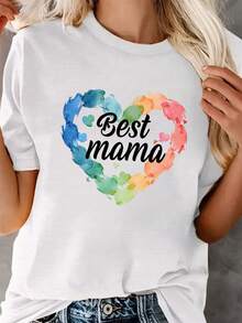 Camiseta de cuello redondo con estampado de corazón para el Día de la Madre, camiseta casual de manga corta para primavera y verano, ropa de mujer - Blanco - Ver 6
