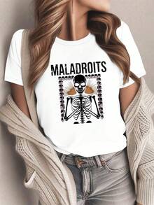Camiseta g￳tica de arte para mujer - Roja con calaveras y letras "Maladroi" - Camiseta casual suave para todos los d￭as - uste c￳modo para todas las estaciones - Ropa g￳tica llamativara conciertos - Blanco - Ver 2