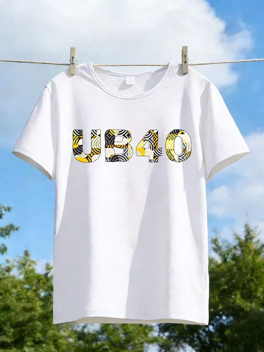 1pc Women's Round Neck T-Shirt With Print, Reggae Music Style UB40, Geometric Print With Round Neck And Color Block Wave Design, Suitable For Casual Daily Wear. Casual And Stylish Short Sleeve T-Shirt, Beautiful Short Sleeve T-Shirt - 白色 - 查看 1