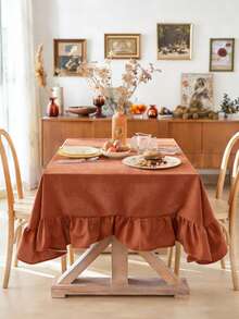 1 pieza Mantel con volantes estilo granja vintage color caramelo, tela cuadrada tipo lino apta para comedor, cocina, mesa de café, decoración de boda - caramelo - Ver 4