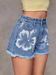 Pantalones cortos vaqueros casuales, estilo minimalista para uso diario - Azul lavado medio 2 - Ver 5