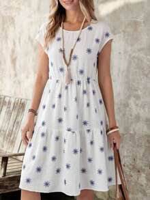 Vestido midi de manga corta, cuello redondo y corte holgado para mujer, adecuado para el verano - Multicolor 5 - Ver 1