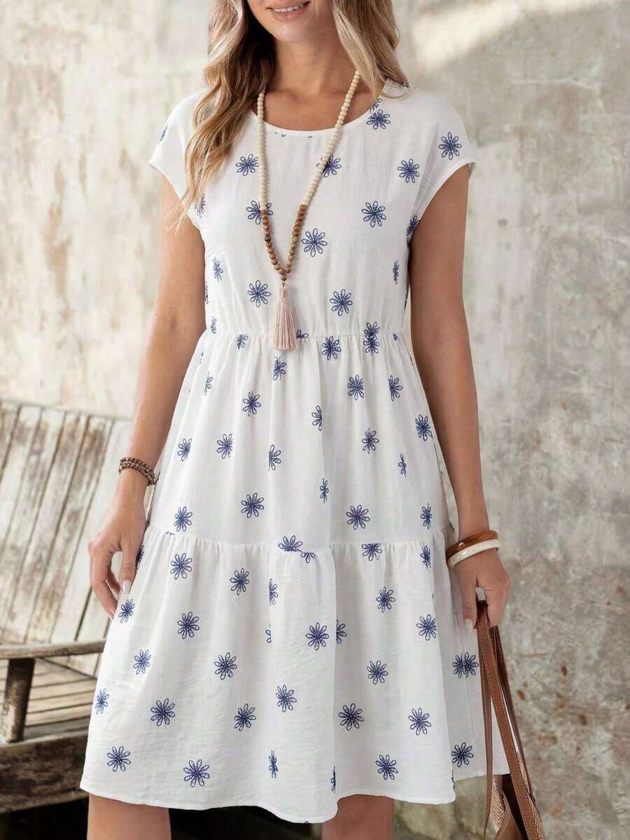 Vestido midi de manga corta, cuello redondo y corte holgado para mujer, adecuado para el verano - Multicolor 5 - Ver 1