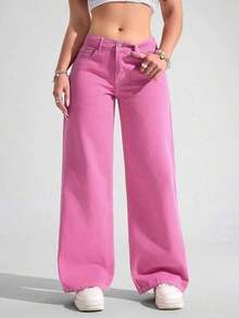 ICON Pantalones vaqueros de pierna ancha de unicolor, de bolsillo, informales y versátiles - Rosa Fucsia - Ver 1