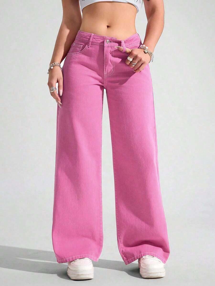 ICON Pantalones vaqueros de pierna ancha de unicolor, de bolsillo, informales y versátiles - Rosa Fucsia - Ver 1