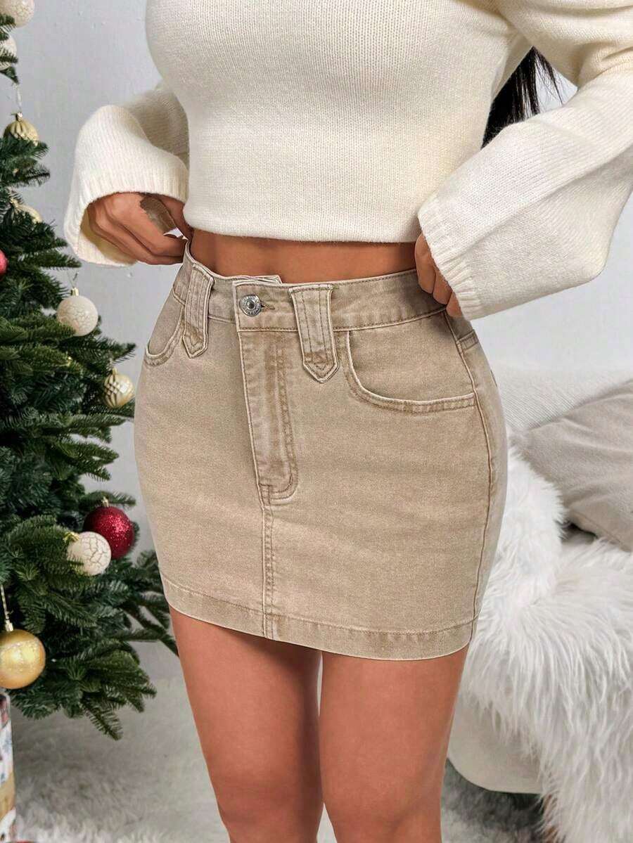 Minifalda de mezclilla ajustada y de tiro bajo lavada, con estilo callejero sexy para el verano - Caqui - Ver 1