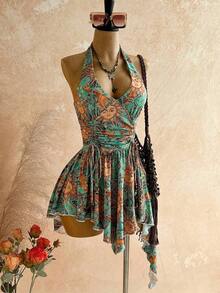MEXSoleia Nuevo vestido mini con cuello en V profundo, cintura con lazo, cuentas de madera y bajo asimétrico, adecuado para fiesta, cita, discoteca, estilo bohemio, vacaciones, ropa de mujer de otoño, vintage, días festivosMEX KFPO - Multicolor 3 - Ver 3