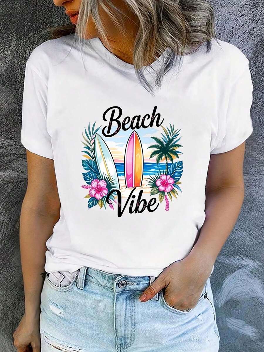 1 Women's Summer Short Sleeve T-Shirt With Print, Modern And Casual, Machine Washable, Comfortable Fit, 2D Flat Print, 180g, 100% Cotton. - 白色_10 - 查看 1