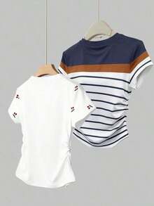 Camiseta de manga corta ajustada de un solo color versátil y de uso diario para mujer - Multicolor 4 - Ver 2