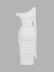 Vestido elegante de largo medio con cuello asimétrico, volantes y parches en color liso con efecto tie-dye para mujeres - Blanco - Ver 2