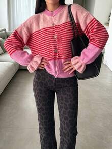 Women's Autumn/Winter New Knitted Cardigan, Pink Striped Patchwork, Round Neck Single-Breasted, Ruffle Cuff Design, Casual Elegant Sweet Style, Suitable For Daily Wear, School, Vacation - Multicolor - View 7