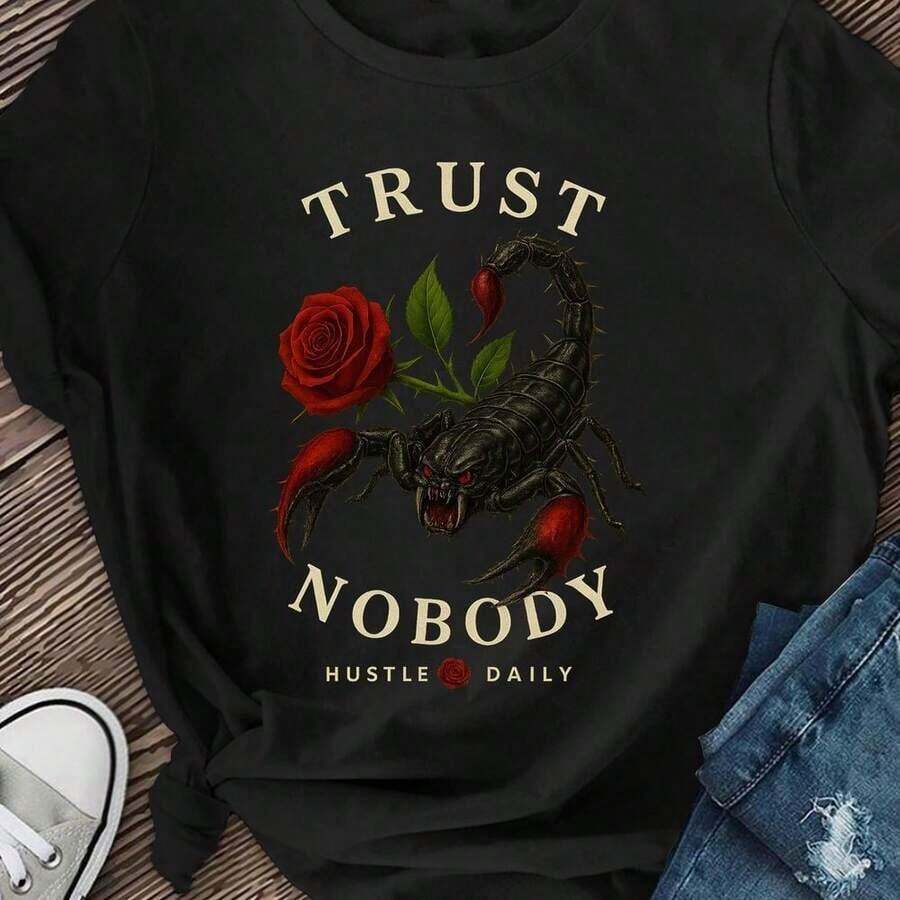 Camiseta Clásica Retro para Mujer con Estampado de Escorpión y Rosa – No Confíen Nadie – Top Casual de Manga Corta y Cuello Redondo en Gris Oscuro, Tejido de Elasticidad Media Lavable aáquina para Primavera, Verano y Otoño; Camiseta de Verano con Estampado Artístico y Elegante Lema, Estilo Cómodo, para el Día del Padre, Viajes de Oficina, Rendimiento de Secado Rápido, Atuendo de Viaje - Negro - Ver 1